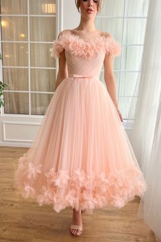 Peach midi dress with off the shoulder sleeves and embroidery Off Shoulder Gown Design, Tea Party Gown, Tulip Dress Design, Small Prom Dresses, Pink Gown Princesses, Dream Prom Dresses, Coral Wedding Dress, Peach Colour Dress, Pink Dresses Casual