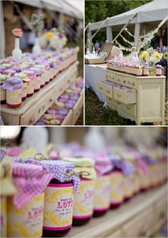 the table is set up with many jars and decorations on it, including an old dresser