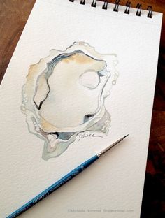 a watercolor drawing of an oyster shell on paper with a blue pencil next to it