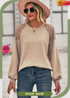 Khaki Lace Shoulder Patch Waffle Knit Long Sleeve Top Waffle Knit Sweater For Spring, Crew Neck Waffle Knit Top For Spring, Spring Waffle Knit Crew Neck Top, Beige Waffle Knit Sweater For Spring, Waffle Knit Top For Fall, Puff Long Sleeve Top, Waffle Knit Long Sleeve, Fishnet Top, Puff Long Sleeves