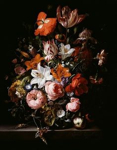 a painting of flowers in a vase on a table