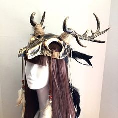 Deer Skull Masquerade Mask Gold/Black Viking Skull Headpiece | Etsy Faun Oc, Skull Masquerade Mask, Skull Headpiece, Succubus Cosplay, Black Viking, Deer Mask, Horns Costume, Costume Viking, Skull With Horns