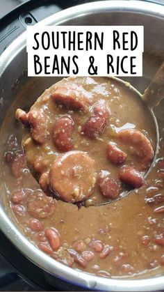 a pot filled with meat and beans on top of a stove