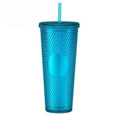 a blue plastic cup with a straw in it