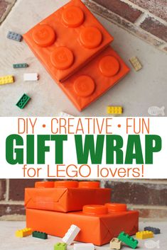 an orange lego gift wrapper with the words diy creative fun gift wrap for lego lovers