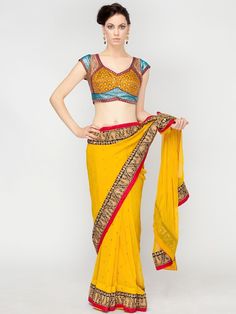 Yellow Shiffon Saree by Manpreet Saree Red, Designer Lehengas, Indian Designer Sarees, Designer Skirts, Indian Saree Blouses Designs, Dresses Designer, Traditional Sarees