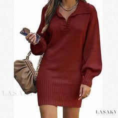 Lasaky - Luxurious Pure Color Gown featuring Flared Sleeves and Pockets Lantern Sleeve Sweater, Pull Oversize, Solid Sweaters, Straight Dress, Puff Sleeve Dresses, Sweater Dress Women, Mid Length Skirts, Turndown Collar, One Piece Dress