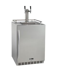 a stainless steel beverage dispenser with two faucets on the top