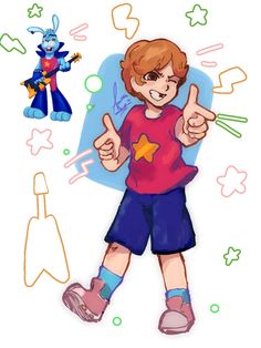 a drawing of a young boy giving the thumbs up sign with other drawings surrounding him