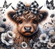 a painting of a dog with a bow on it's head and flowers around its neck