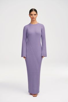 Melanie Ribbed Knit Maxi Dress - Lavender Diagonal Stripes Pattern, White Dress Formal, Dresses Flowy, Nikkah Dress, Knit Maxi Dress, Flare Sleeves, Engagement Dresses, Basic Dress, Ribbed Dresses