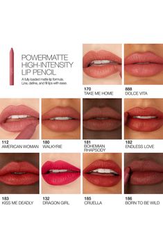 What it is: A bold, matte lip pencil that saturates lips in rich pigment with 12-hour staying power.What it does: The fully loaded matte lip formula is charged with 12-hour staying power. Its transformative cream-to-matte texture applies effortlessly and seals in a bold, matte finish. A beautiful variety of ten transfer-proof shades stand up to it all. The lip pencil is formulated with a Power Pigment Complex—a dynamic blend of pure pigments and color-locking ingredients that saturate lips with Nars Dolce Vita, Nars Lip Pencil, Kiss Me Deadly, Nars Lip, Dragon Girl, Pencil Crayon, Matte Texture, Bohemian Rhapsody, Lip Pencil