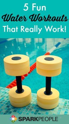 two yellow dumbbells sitting on top of a swimming pool with the words 5 fun water workouts that really work