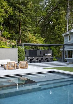 a backyard with a pool and patio furniture