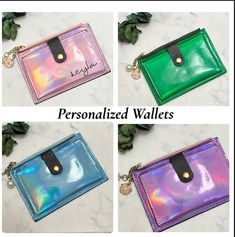 Iridescent Wallets. Personalized these beautiful wallets! They make great gifts for any occasion! They also make great party favors!  4 colors to choose from. Please notice that all colors are iridescent. - Measure approximately 5.3"x3.9". - Zipper compartment  The personalization will look exactly as shown on the pictures. Black font. How to order: please select a color. On the personalization box please specify what name . Personalized Wallets, Kids Party Favors, Stocking Gifts, Personalized Wallet, Clip Wallet, Wallet Gifts, Money Clip Wallet, Purse Wallet, Kids Party