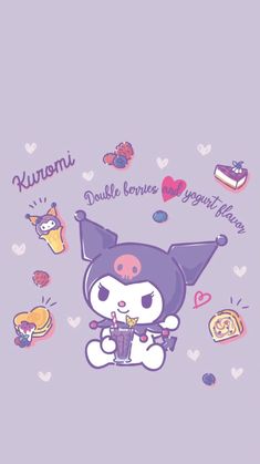 an anime character holding a drink and surrounded by other cartoon characters on a purple background