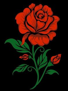 a red rose with green leaves on a black background