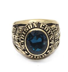 Artcarved Madison County 1985 14k Yellow Gold Blue Topaz Class Ring Size 11.25 Commemorative 14k Stamped Ring, 14k Stamped Commemorative Ring, Stamped 14k Gold Ring For Commemoration, 14k Stamped Ring For Commemoration, Formal Engraved Sapphire Rings, Formal Sapphire Engraved Rings, Formal Blue Engraved Signet Ring, Engraved Topaz Ring For Anniversary, Collectible Blue 14k Gold Rings