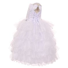 A stunning dress from Rainkids to add a stylish touch to the sacred Christening ceremony. This baptism dress features off shoulder sleeves and Virgin Mary embroidered on the bodice. Each ruffle of the skirt has two layers, sparkly tulle and ruffle organza, to make the dress looks more stunning. Corset on the sides to adjust for size. True to size. Made in USA. Virgin Mary Embroidery, Mary Embroidery, Off Shoulder Sleeves, Baby Couture, Baptism Dress, Formal Style, White Glitter, Virgin Mary, Stunning Dresses