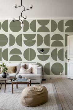 Image of a Muted Sage Mid-Century Modern Classic Wallpaper Wallpaper Mid Century Modern, Midcentury Modern Wall Art, Bauhaus Wallpaper, Salon Goals, Mid Century Modern Wallpaper, Muted Sage, Phoenix Homes, Classic Wallpaper, Earthy Green