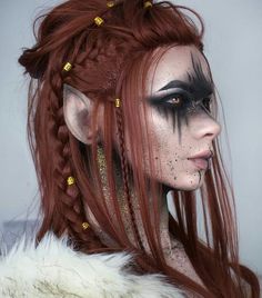 Viking ⚡✖⚡ @zorinblitzz . . . . . . . .#makeup #hairstyle #style #stylish #instagoth #goth #gothic #redhair #aesthetic #aesthetics… Viking Elf Makeup, Forest Elf Cosplay Makeup, Forest Demon Costume, Dark Fey Makeup, Warrior Elf Female, Woodland Witch Makeup, Renfair Makeup, Viking Make Up, Forest Elf Makeup