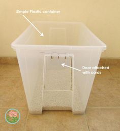 a plastic container labeled with instructions on how to use the door latch for storage and organization