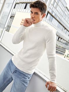 White Casual  Long Sleeve Viscose Plain Pullovers Embellished Slight Stretch Fall/Winter Men Knitwear High Neck Outfit, Men Knitwear, Turtleneck Outfit, Textured Knit Sweater, Fitted Turtleneck, White Turtleneck, Sweater White, Knitwear Men, Outfit Combinations