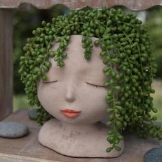 a clay head with green plants growing out of it