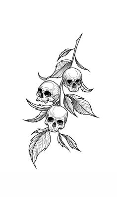 three skulls with leaves on their heads are shown in black and white ink, as well as