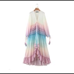 So Beautiful, New With Tags. Double Lined And Pretty Detail. Size M. Bohemian Summer Dresses, Goth Vintage, Long Sleeve Ruffle Dress, Gradient Print, Rainbow Pastel, Boho Beach Dress, Princess Sleeves, Elegant Maxi Dress, فستان سهرة