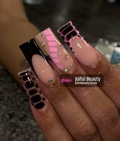 French Tip Acrylic Nails, Long Square Acrylic Nails, Unique Acrylic Nails, Black Nail, Acrylic Nails Coffin Short, Short Acrylic Nails Designs, Pink Acrylic Nails