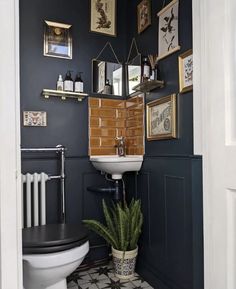 a bathroom with a toilet, sink and pictures on the wall