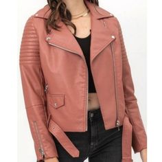 Pink Biker Jacket Front Zipper 86% Polyester 12% Cotton 2% Viscose Small (4-6) Medium (8-10) Large (12-14) Same Day Shipping If Order Before 3pm Next Day Shipping On Orders After 3pm, Sundays And Holidays Casual Winter Biker Jacket With Asymmetrical Zip, Fall Outerwear With Asymmetrical Side Zipper, Trendy Long Sleeve Faux Leather Biker Jacket, Trendy Winter Outerwear With Side Zipper, Spring Faux Leather Biker Jacket, Casual Faux Leather Biker Jacket With Asymmetrical Zip, Trendy Faux Leather Outerwear With Asymmetrical Zip, Trendy Faux Leather Jacket With Asymmetrical Zip, Pink Biker Jacket For Fall Workwear