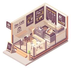 the interior of a cafe with tables and signs on the walls - food objects illustrations