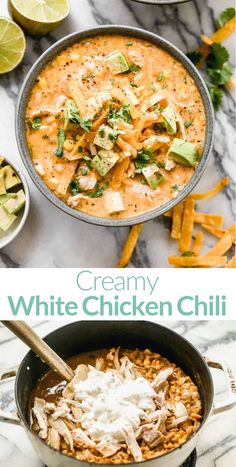 creamy white chicken chili in a skillet with tortilla chips and avocado