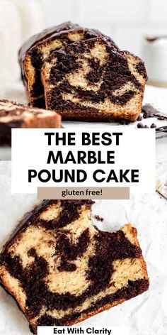 the best marble pound cake with chocolate swirl on top and text overlay that reads, the best marble pound cake gluten free