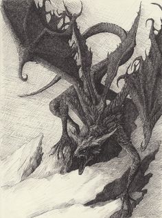 a black and white drawing of a dragon with horns on it's back legs