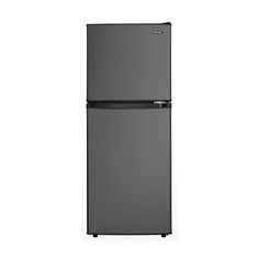 a black refrigerator freezer sitting on top of a white wall