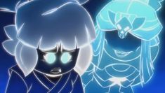 two anime characters are looking at something in the distance with blue light coming from their eyes