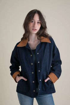 Conscious Clothing Homestead Jacket - Denim with Caramel Conscious Clothing, Persian Fashion, Clueless Outfits, Dressing Style, The Homestead, Jacket Denim, Clothing Designs, Chore Jacket, Sustainable Clothing