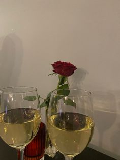 two wine glasses with white wine and a red rose