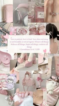 a collage of pink and white items with words above them that say, love is patient