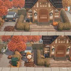 two pictures of the same house with pumpkins