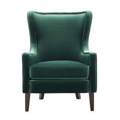 an upholstered green chair with studding on the arms