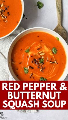 two bowls of red pepper and butternut squash soup