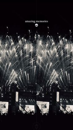 fireworks are lit up in the night sky with black and white image behind them that reads amazing memories