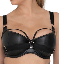 Strap in and show off with this sexy bra style featuring a variety of bands that let you play with its look. Made of viscose, polyester, polyamide and elastane with a polyurethane coating. Multi-part underwire cup has light padding and vertical seams for a rounded, full, smooth shape. Cup overlay has a leatherette appearance. Sewn-on elastic at front base helps maintain a consistent fit against the body. Strapping harness at front has silky stretch cage bands that frame top of breasts, and have Half Cup Bra, Harness Bra, Blue Bra, Curvy Kate, Balcony Bra, Metallic Yarn, Plunge Bra, Bra Styles, Bra Cups