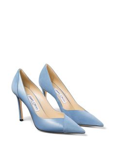 Light Blue High Heel Leather Heels, Light Blue Leather High Heels, Light Blue Pointed Toe Heels With 4-inch Heel, Chic Light Blue Leather Heels, Light Blue Pointed Toe Heels With Wrapped Heel, Smoky Blue, Jimmy Choo Heels, Blue Pumps, Blue Heels