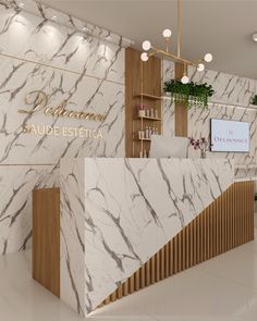 the interior of a salon with marble counter tops and wooden shelvings on the wall