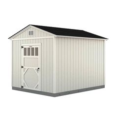 a white shed with a black roof and door on the side, in front of a white background